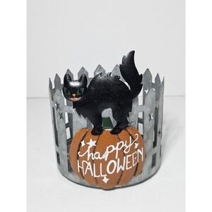 Kohl's Celebrate Halloween Together Black Cat Pumpkin Candle Holder Metal Fence